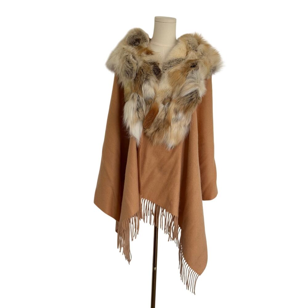 Wolfie SHELLY One Size Cashmere Wool Genuine Fox Fur Trim Shawl Wrap Camel